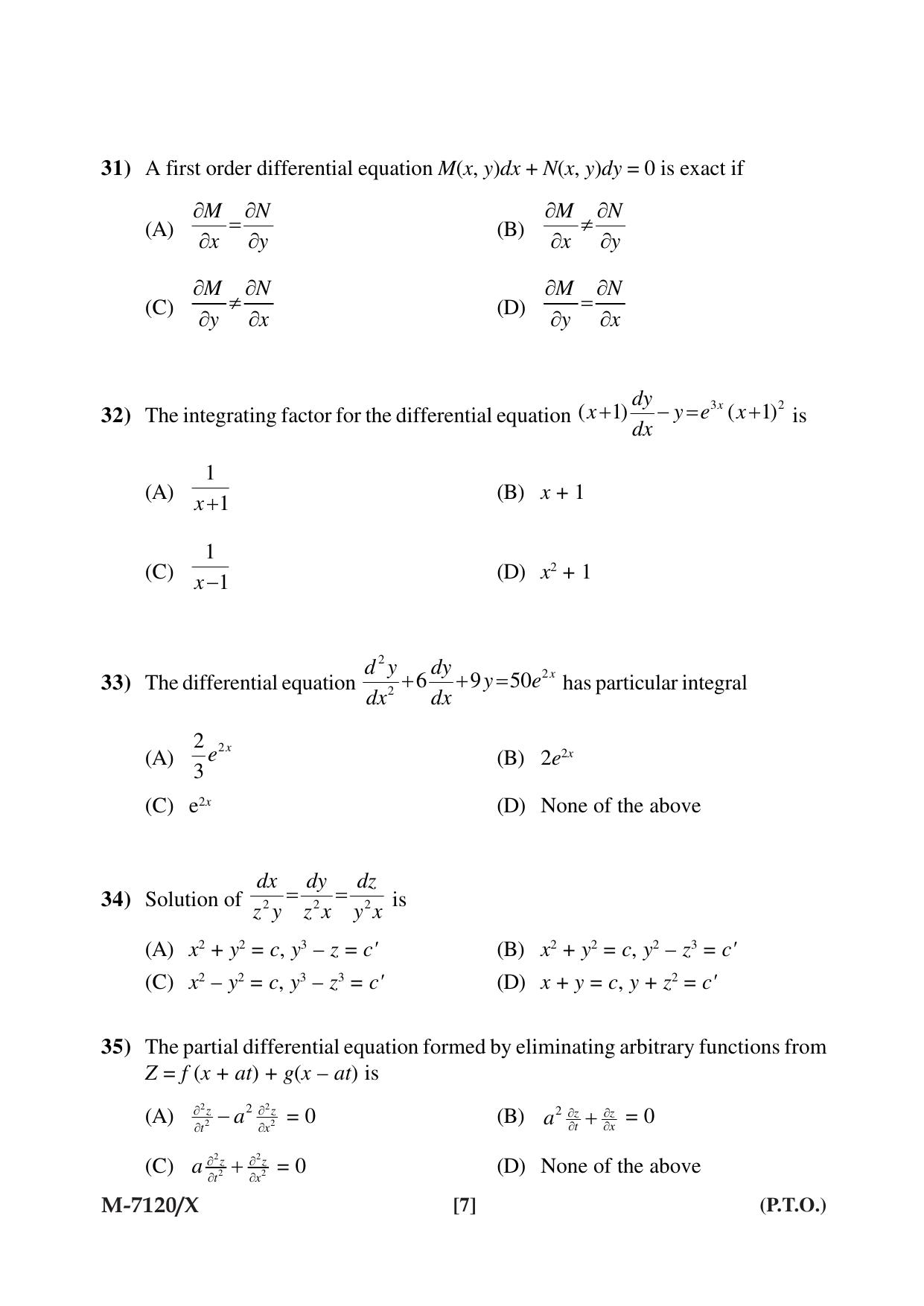 Mysore University PG Entrance Exam 2019: Mathematics Question Paper - Page 7