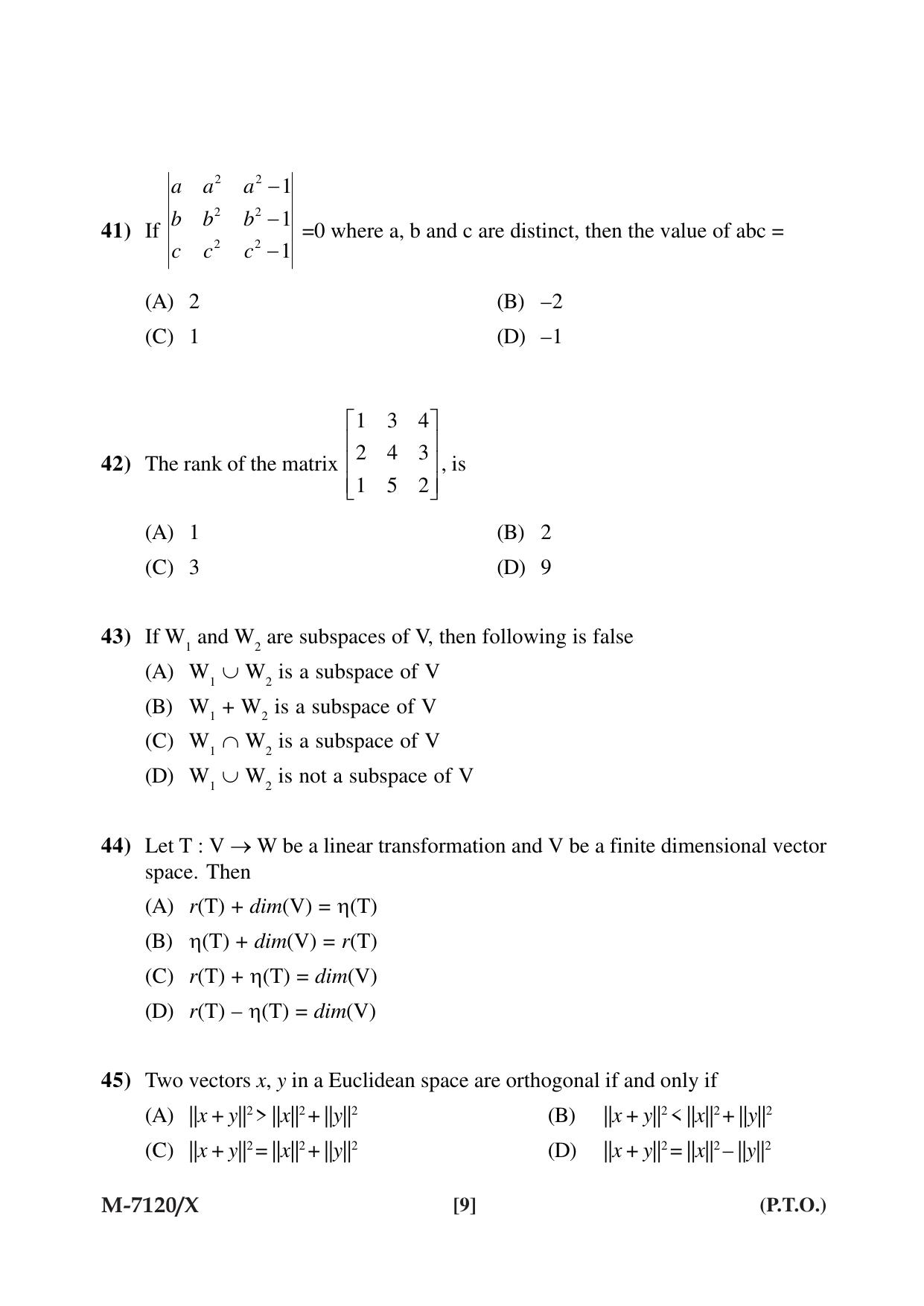 Mysore University PG Entrance Exam 2019: Mathematics Question Paper - Page 9
