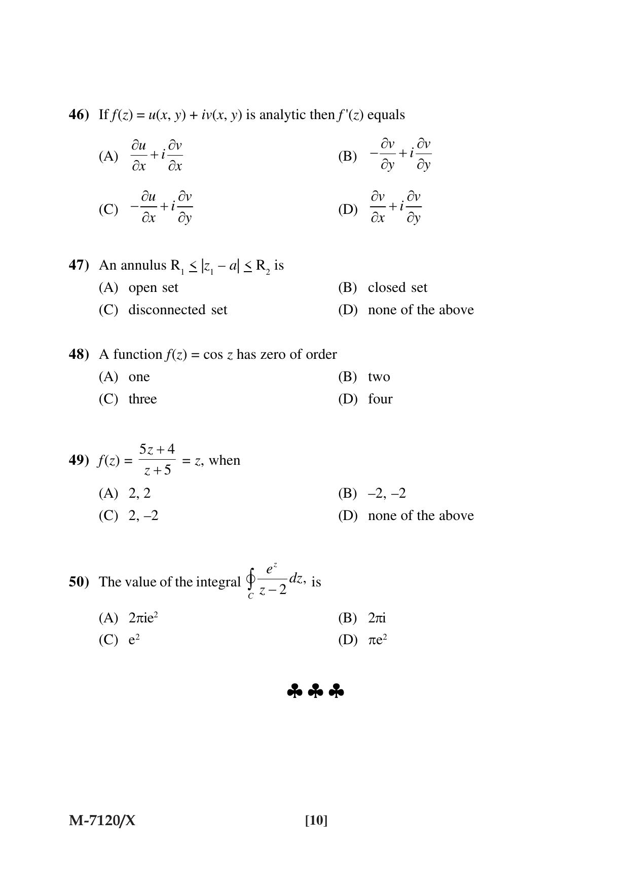 Mysore University PG Entrance Exam 2019: Mathematics Question Paper - Page 10