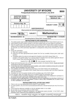 Mysore University PG Entrance Exam 2019: Mathematics Question Paper