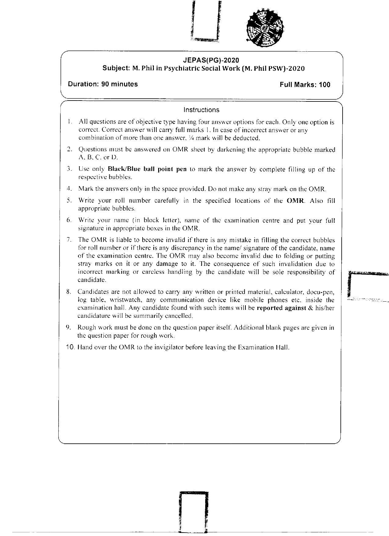 WBJEEB JEMAS (PG) 2020 MPhil PSW Question Paper - Page 1