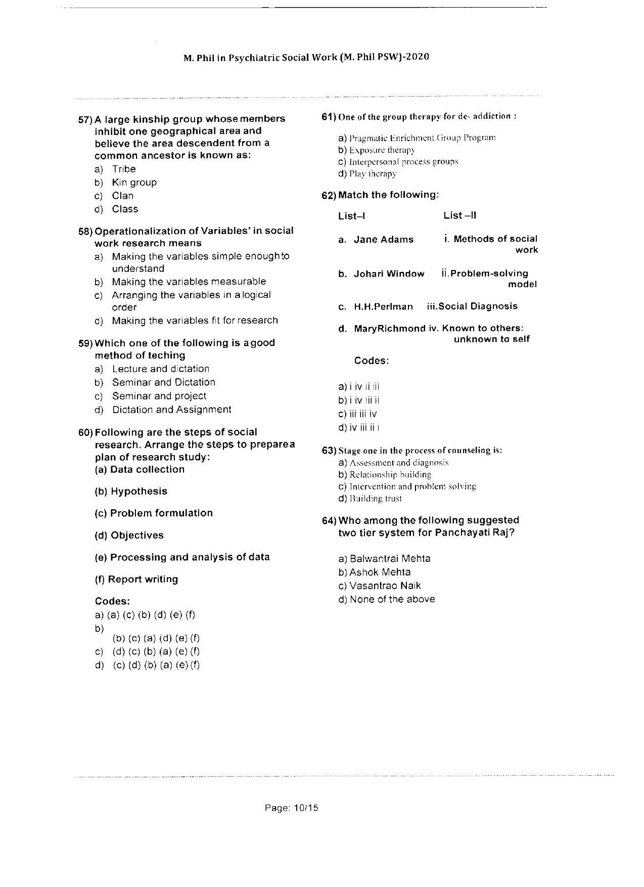 WBJEEB JEMAS (PG) 2020 MPhil PSW Question Paper - Page 10
