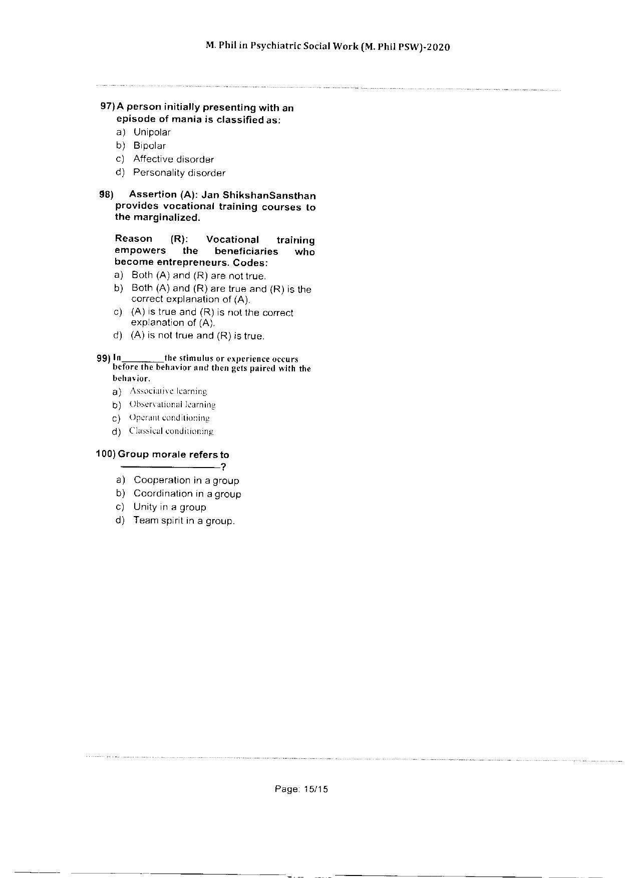 WBJEEB JEMAS (PG) 2020 MPhil PSW Question Paper - Page 15