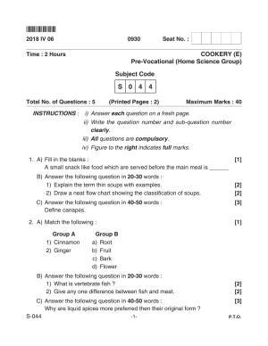 Goa Board Class 10 Cookery(E)  044 E (April 2018) Question Paper