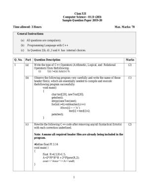 CBSE Class 12 Computer Science - Old Skill Education-Sample Paper 2019-20