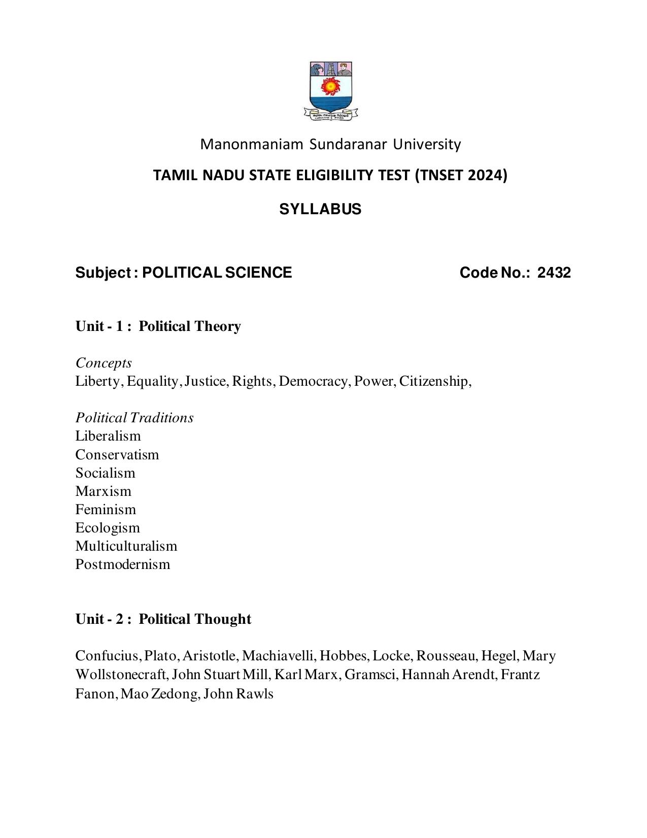 TNSET Syllabus - Political Sciences - Page 1