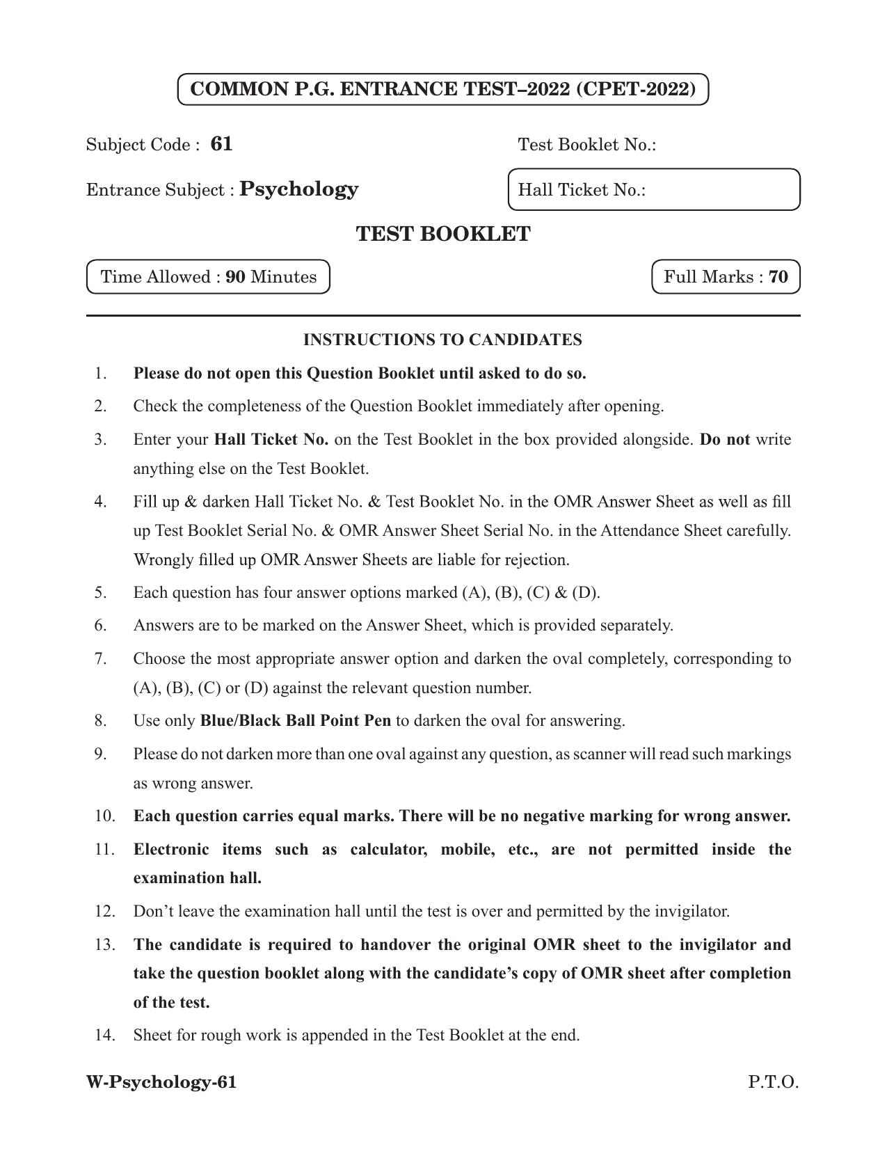 Odisha CPET 2022 PSYCHOLOGY Question Paper - Page 1