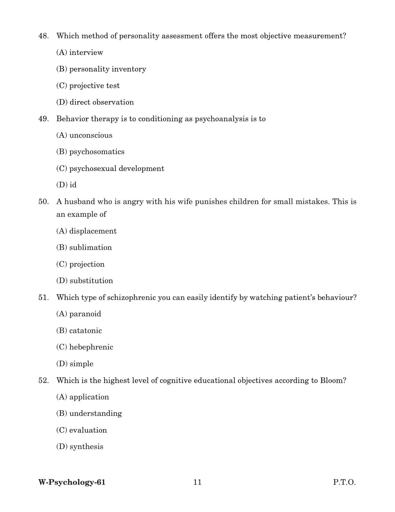 Odisha CPET 2022 PSYCHOLOGY Question Paper - Page 11