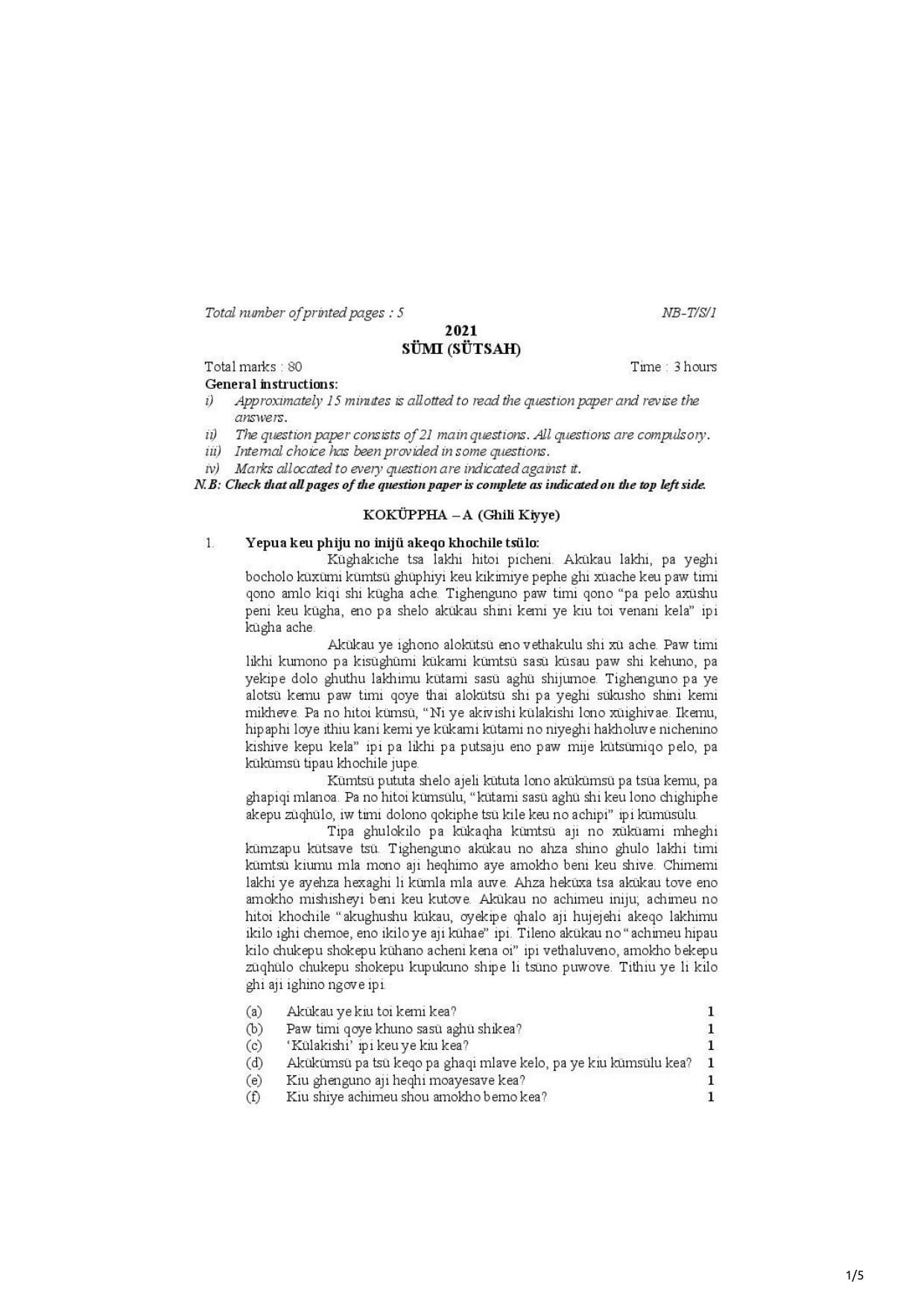 Nagaland Board Class 10 Sumi 2021 Question Paper - Page 1