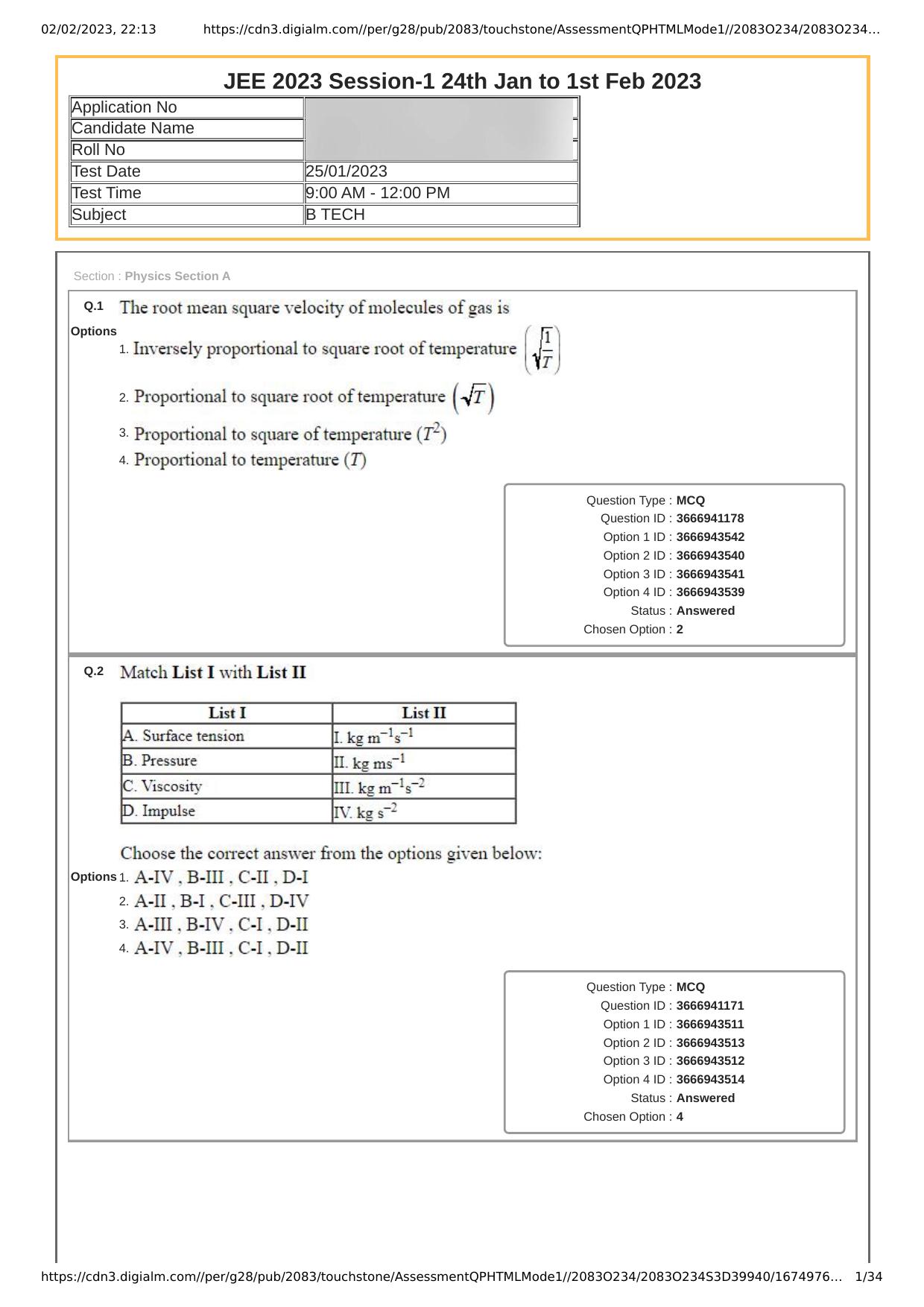 JEE Mains 2023: 25th January 2023 Shift-1 (Morning) Question Paper With Solution (January, Session-1) - Page 1