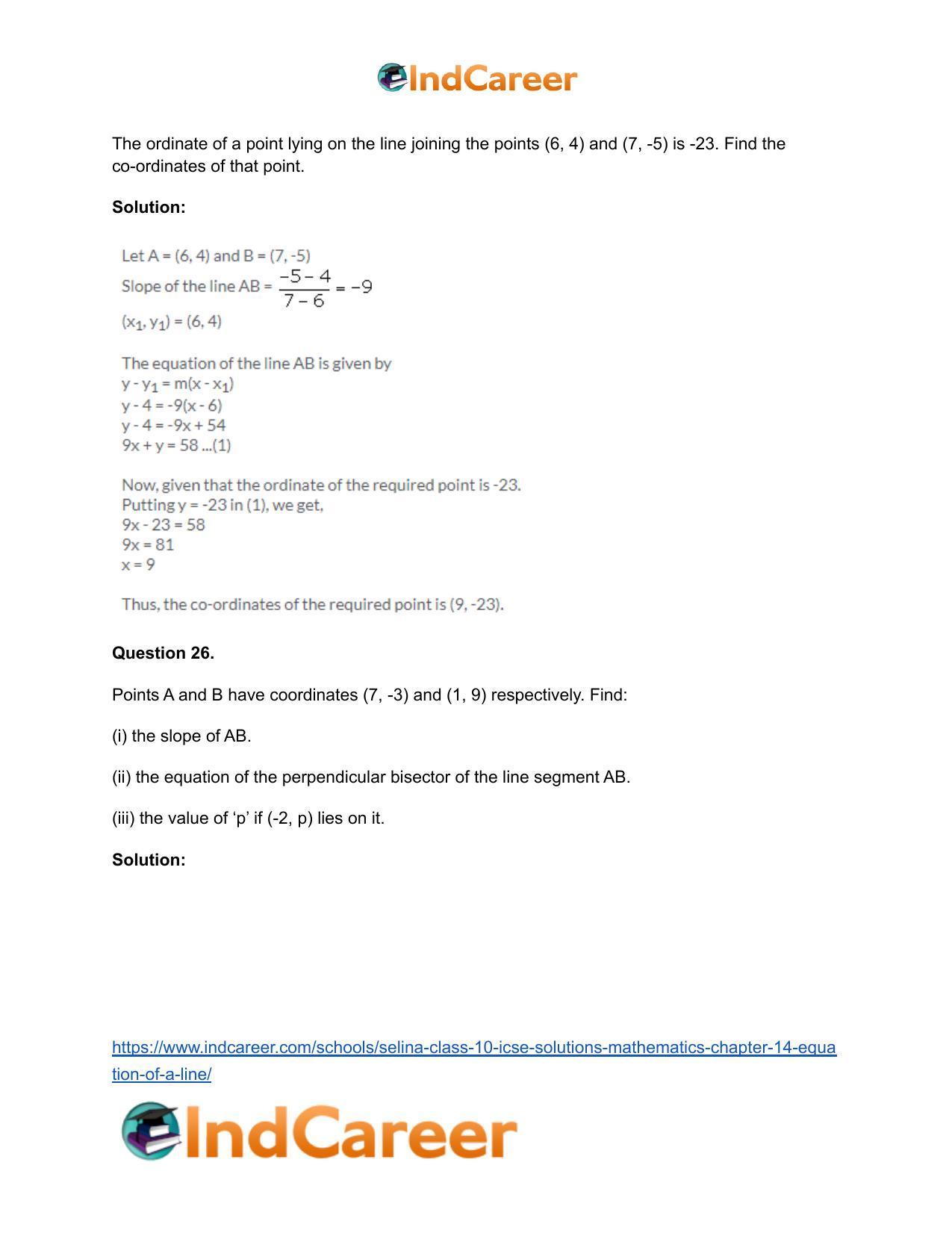 Selina Class 10 ICSE Solutions Mathematics : Chapter 14- Equation of a Line - Page 88