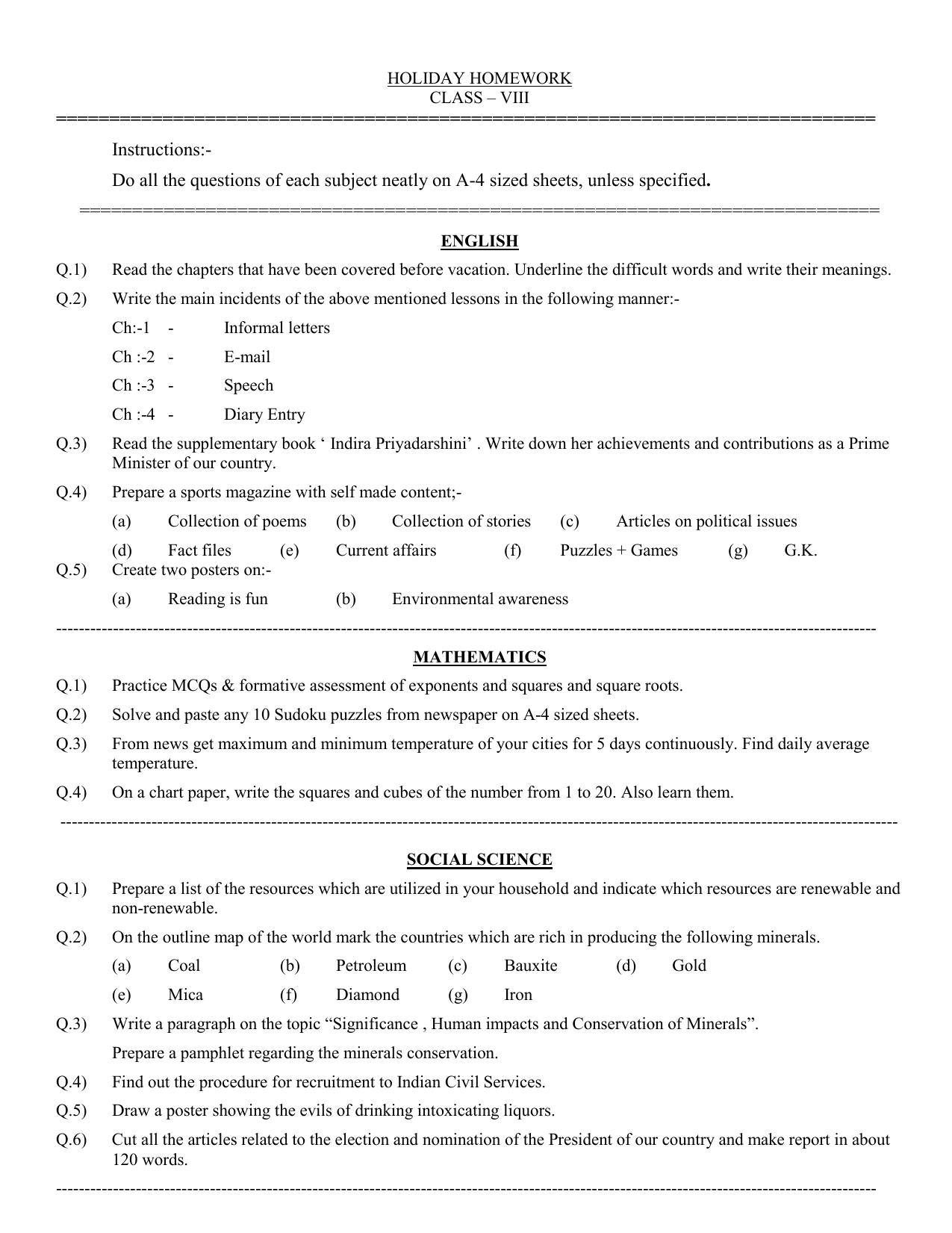 CBSE Worksheets for Class 8 English Assignment 100 - Page 1