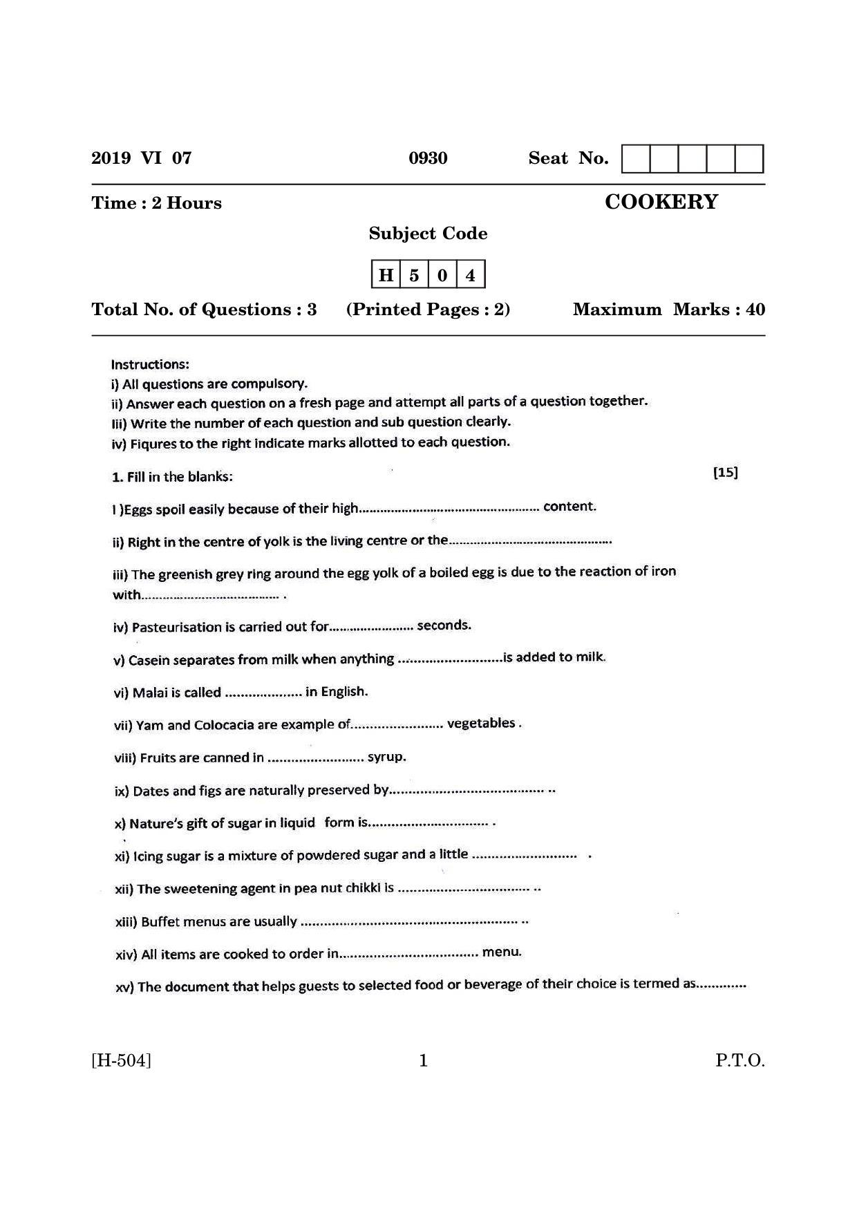 Goa Board Class 12 Cookery   (June 2019) Question Paper - Page 1