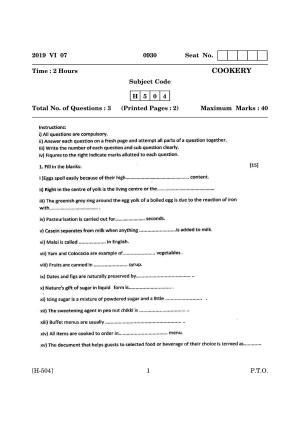 Goa Board Class 12 Cookery   (June 2019) Question Paper