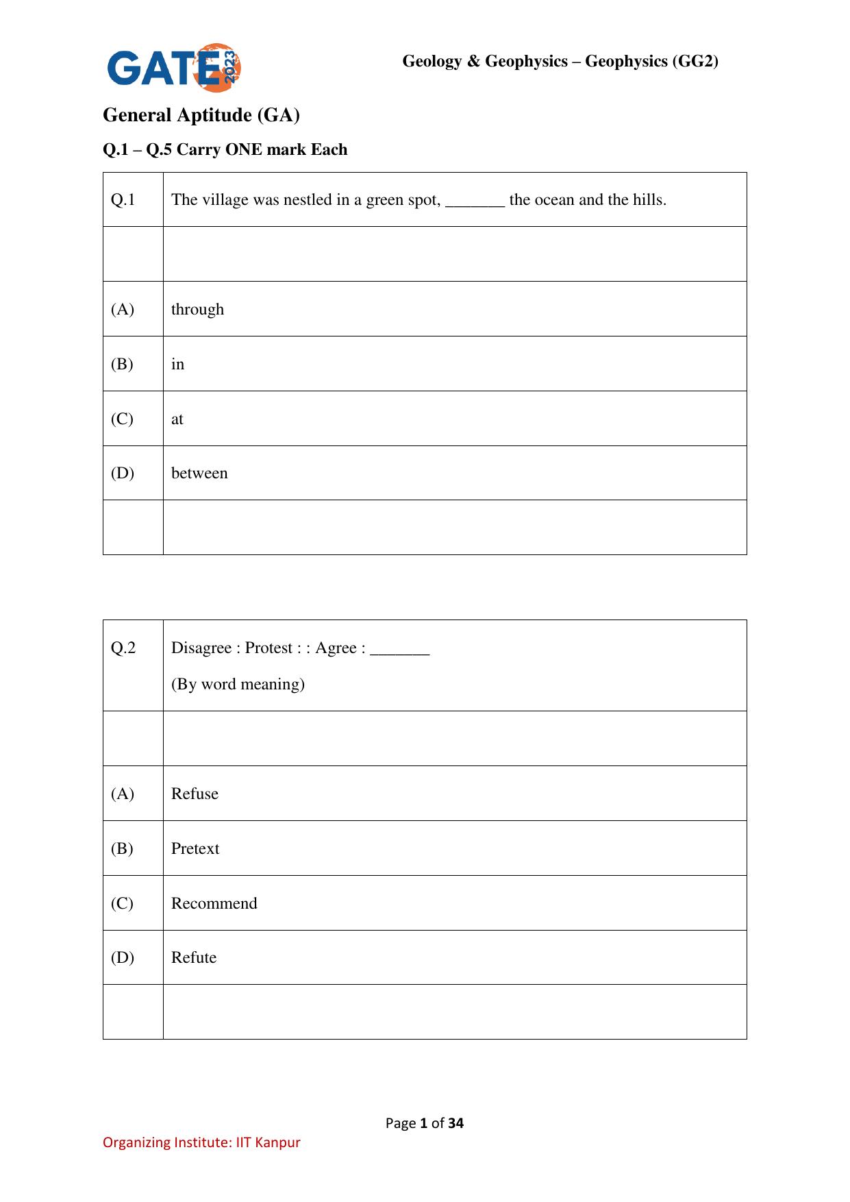 GATE 2023 Geology and Geophysics – Geophysics (GG-2) Question Paper - Page 1