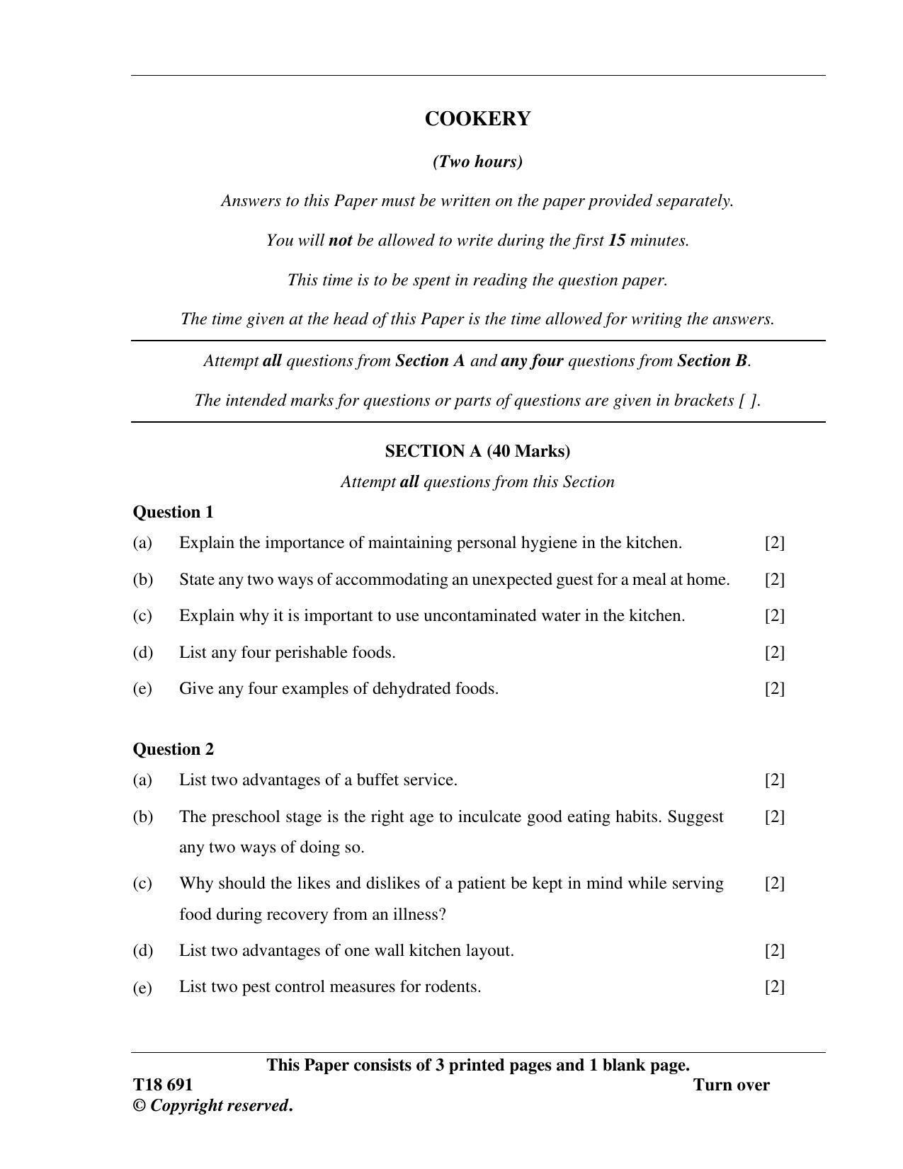 ICSE Class 10 Cookery 2018 Question Paper - Page 1