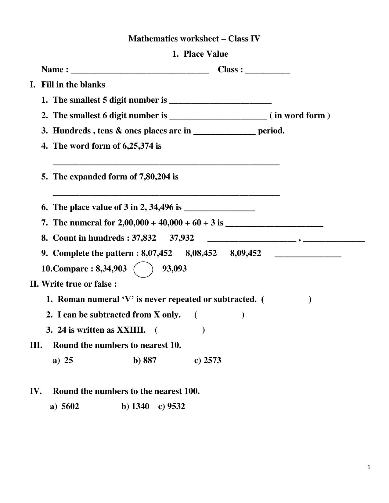 Worksheet for Class 4 Maths Assignment 26 - Page 1
