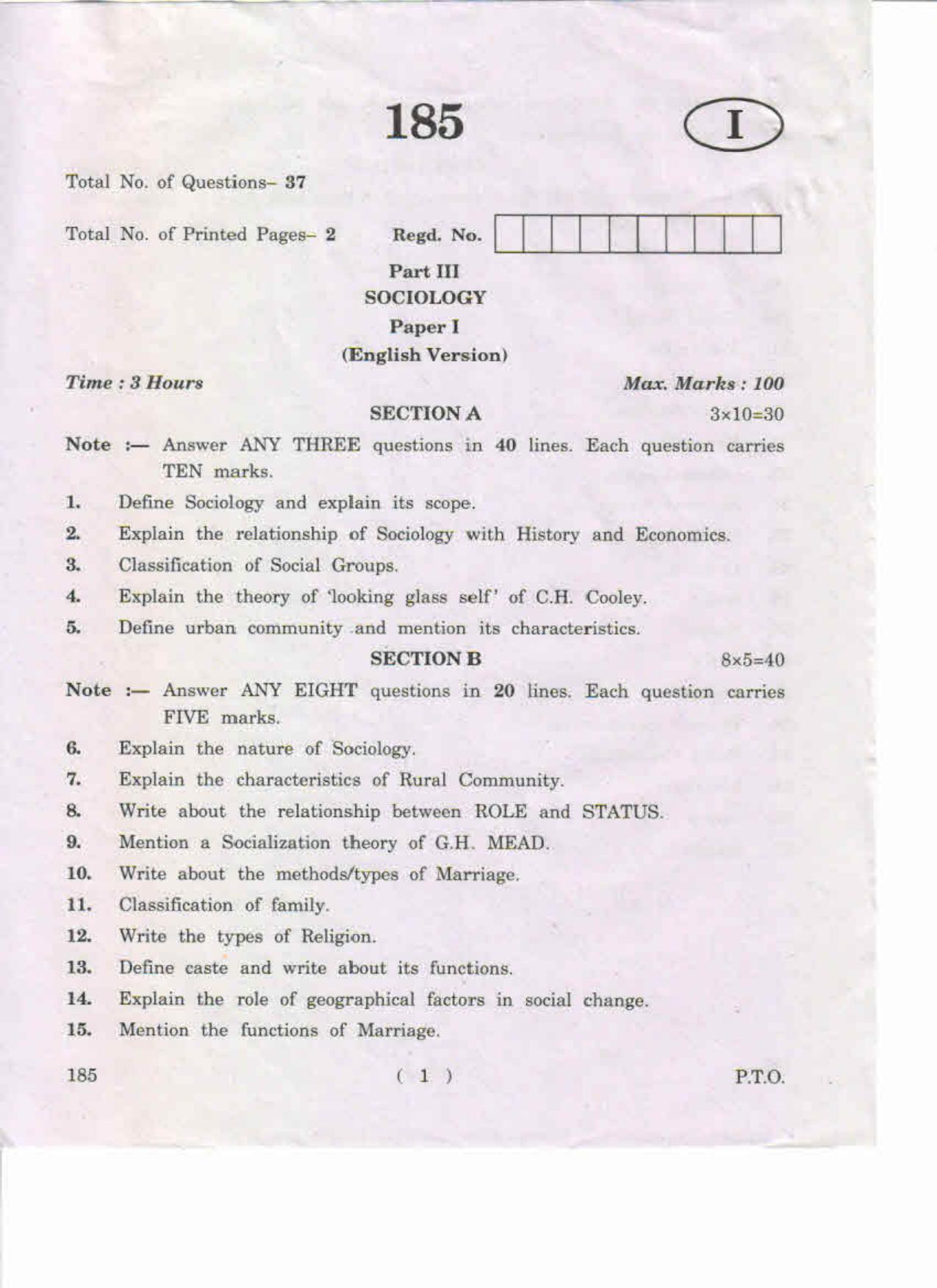 AP Inter 1st Year Sociology-I (EM) May-2019-General Question Paper - Page 1