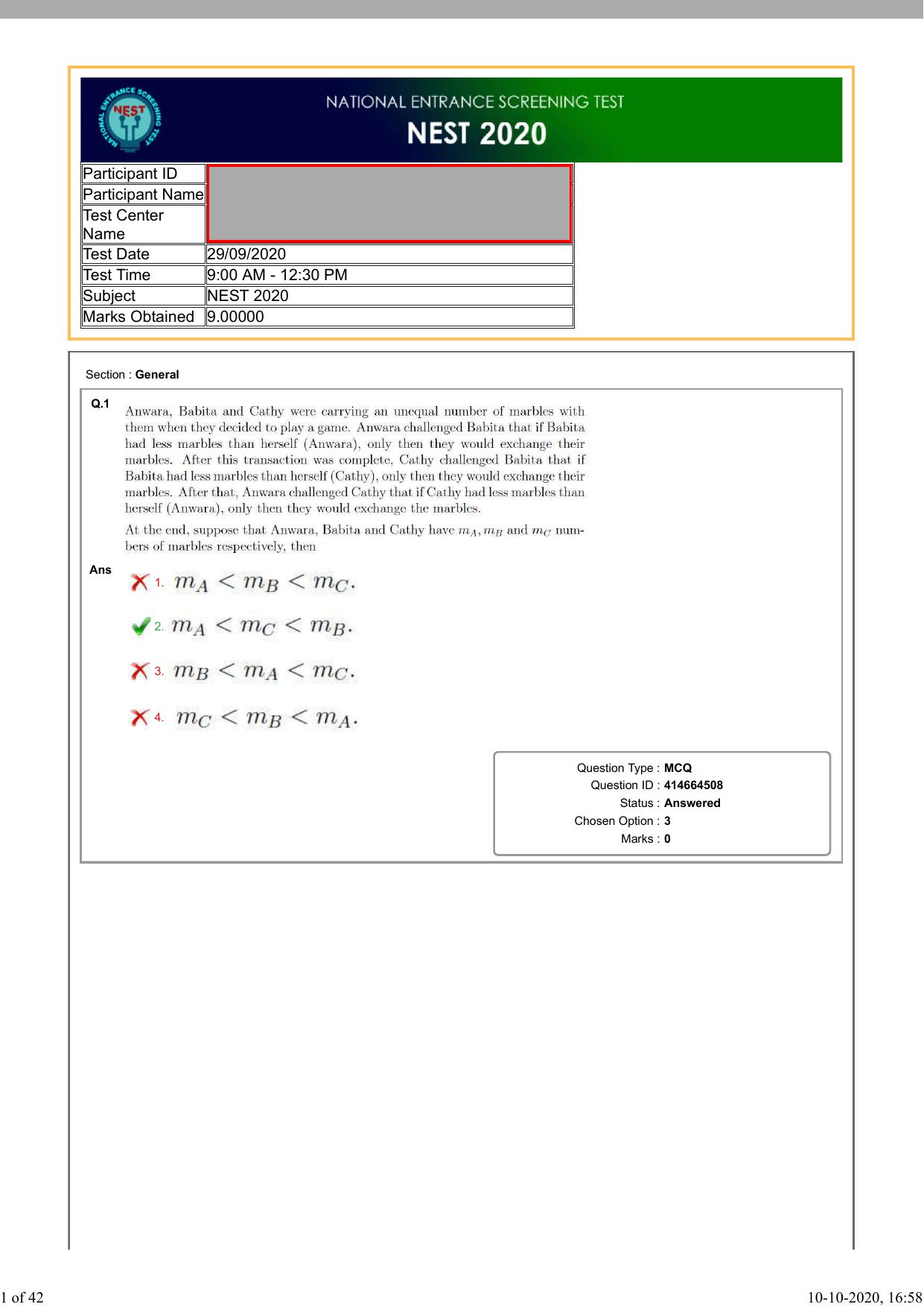 NEST Session I 2020 Question Paper - Page 1