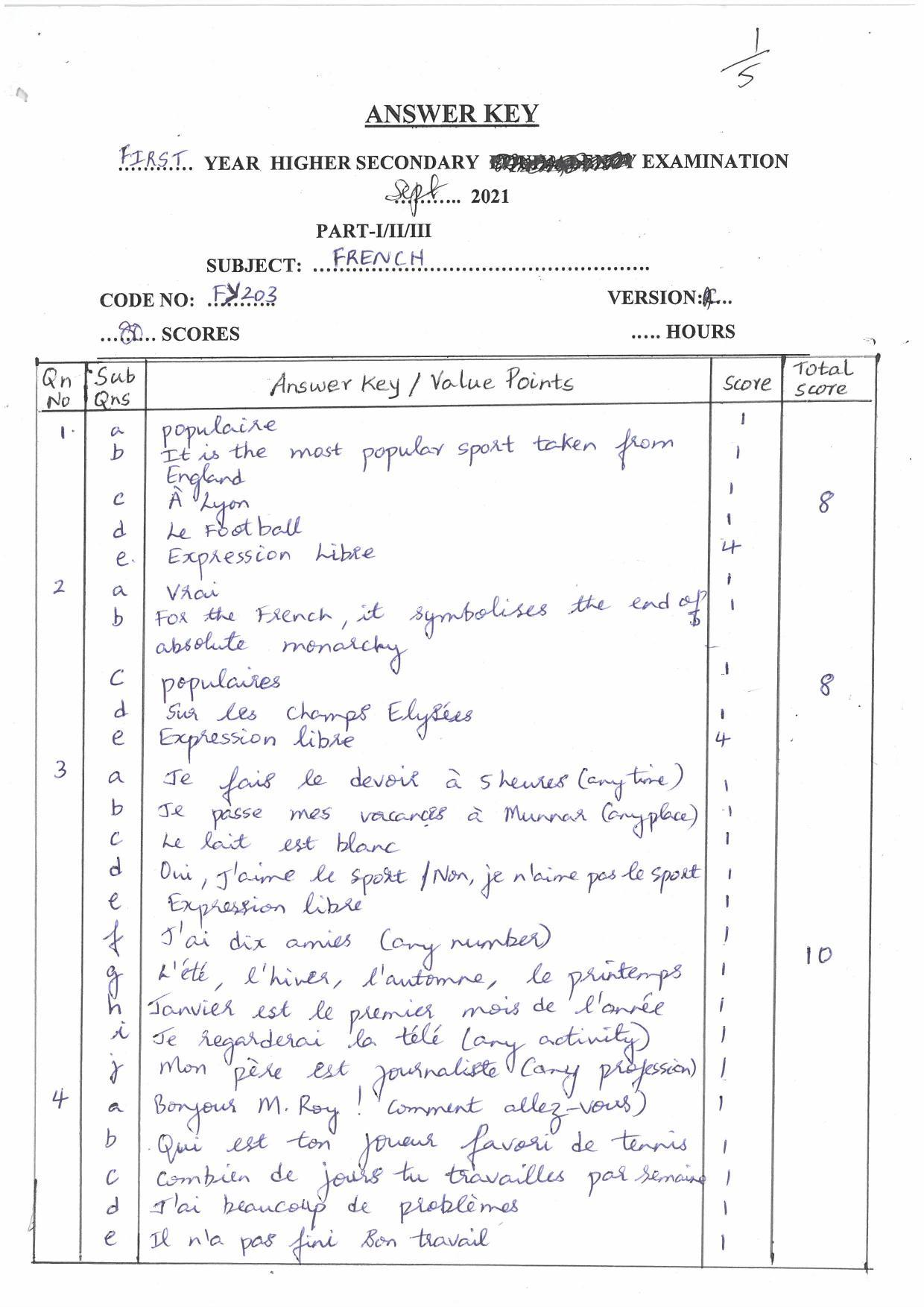 Kerala Plus One (Class 11th) Part-II French Answer Key 2021 - Page 1