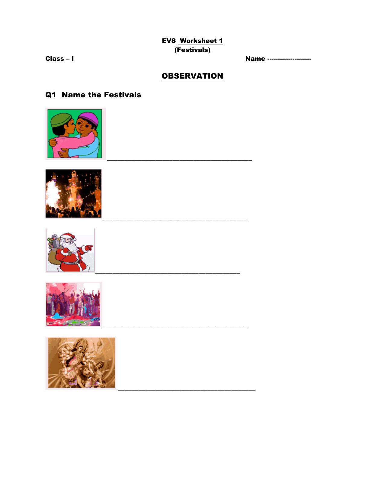 Worksheet for Class 1 EVS Festivals Assignment - Page 1