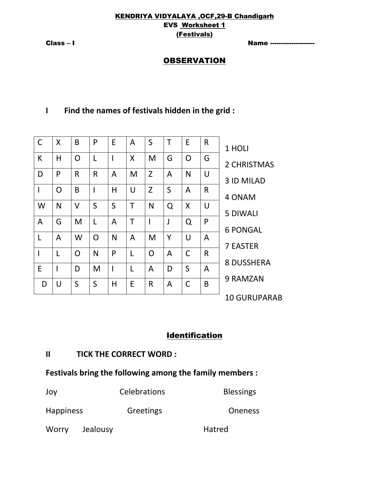 Worksheet for Class 1 EVS Festivals Assignment - Page 3