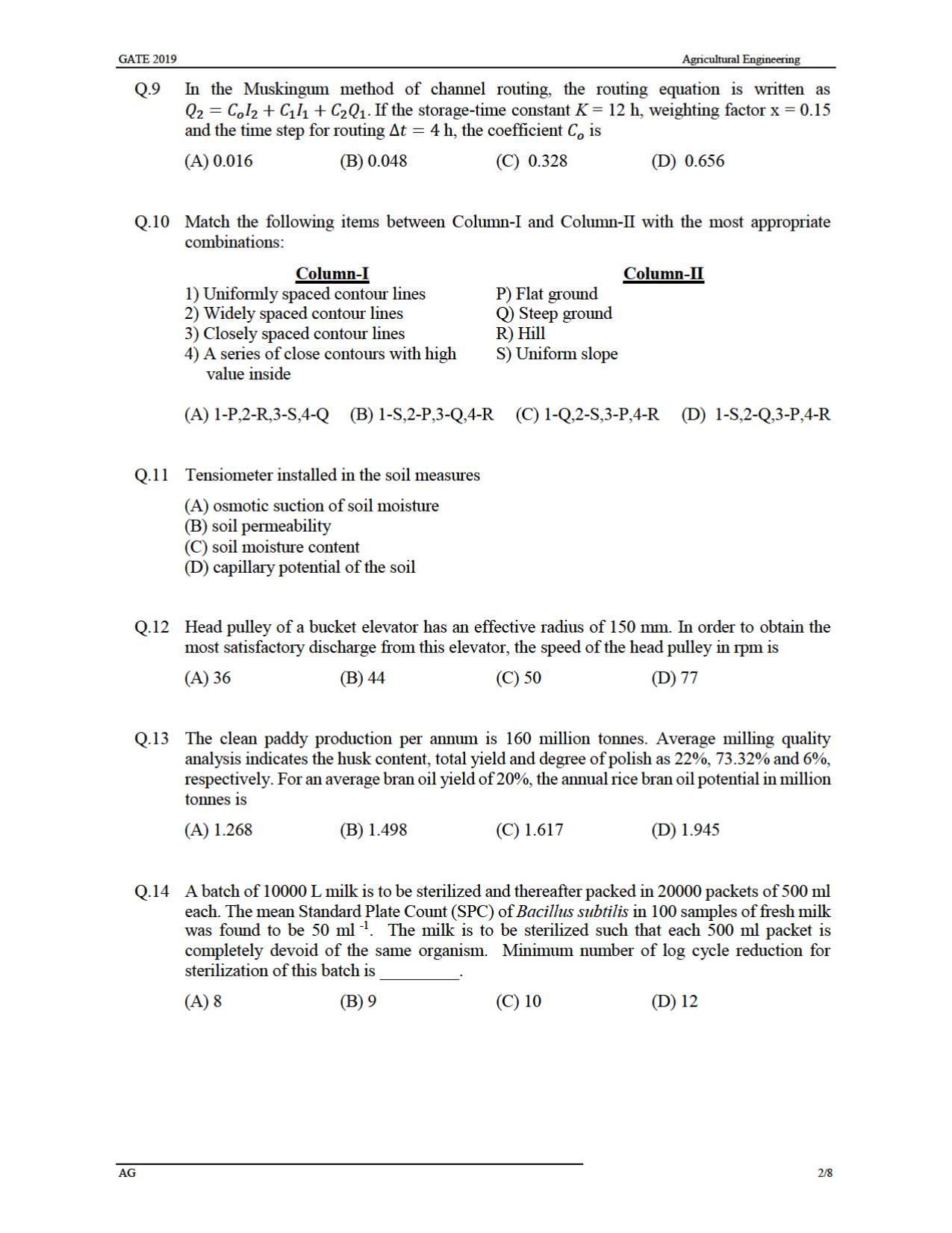 GATE 2019 Agricultural Engineering (AG) Question Paper - Page 5