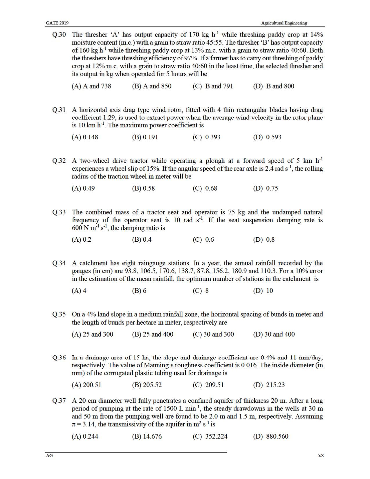 GATE 2019 Agricultural Engineering (AG) Question Paper - Page 8