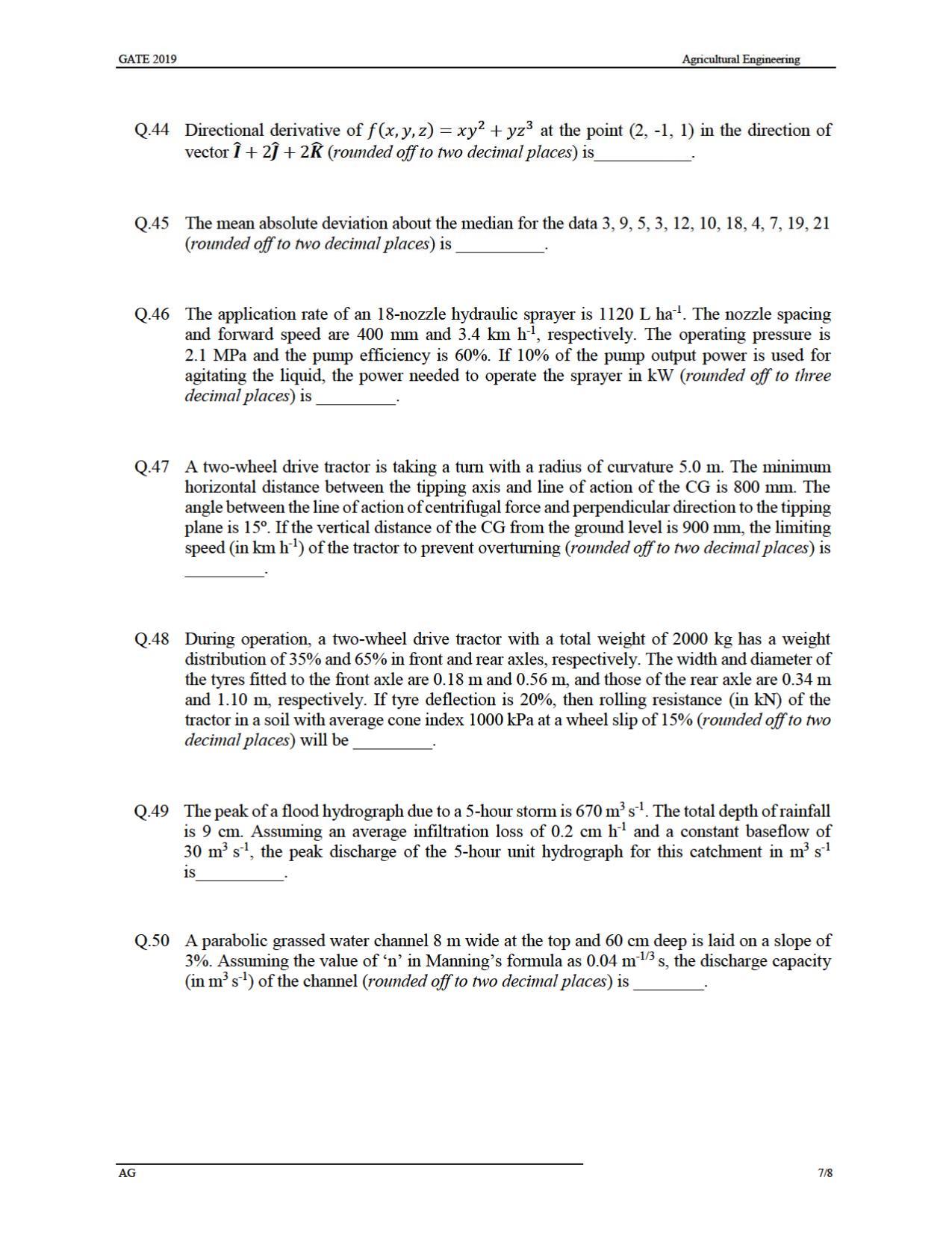 GATE 2019 Agricultural Engineering (AG) Question Paper - Page 10
