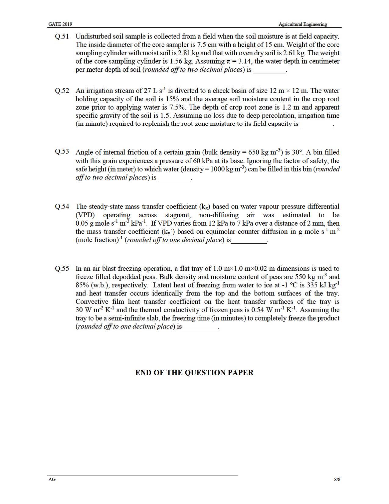 GATE 2019 Agricultural Engineering (AG) Question Paper - Page 11