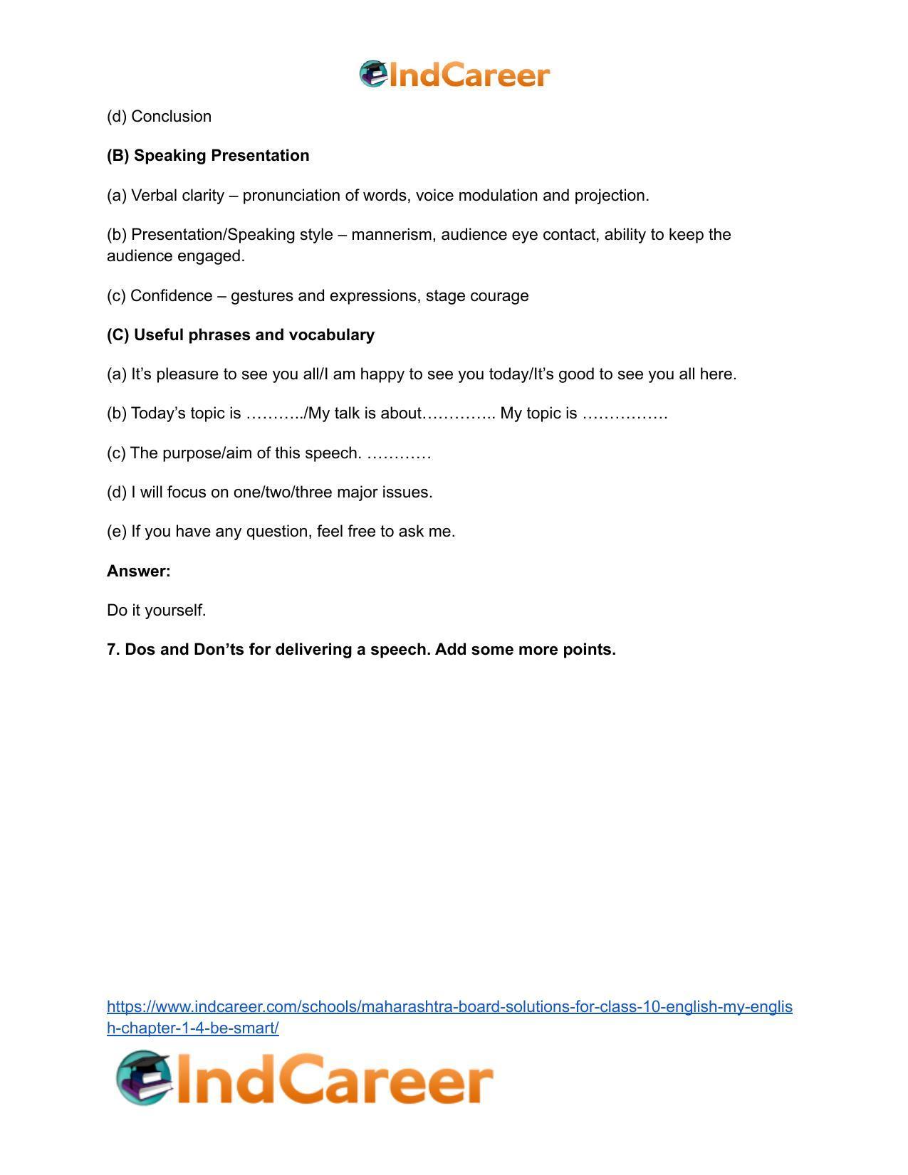 Maharashtra Board Solutions for Class 10- English (My English): Chapter 1.4- Be SMART - Page 10