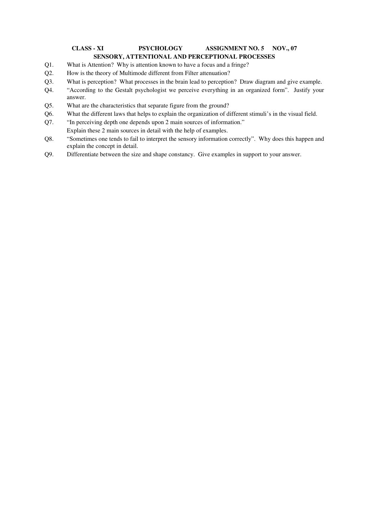 CBSE Worksheets for Class 11 Psychology Assignment 5 - Page 1