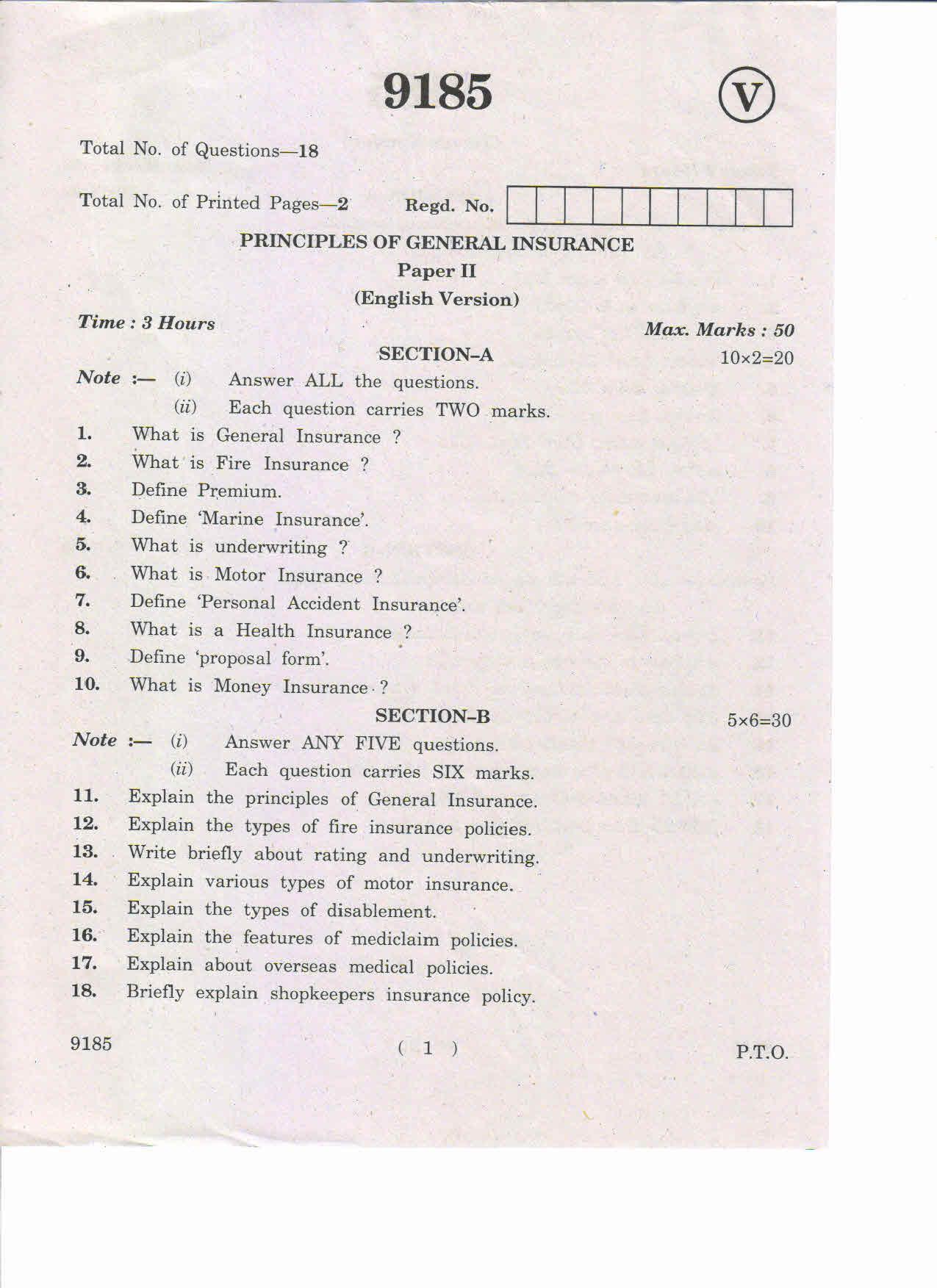 AP Inter 2nd Yea Principals of General Insurance-II March-2019-Vocational Question Paper - Page 1