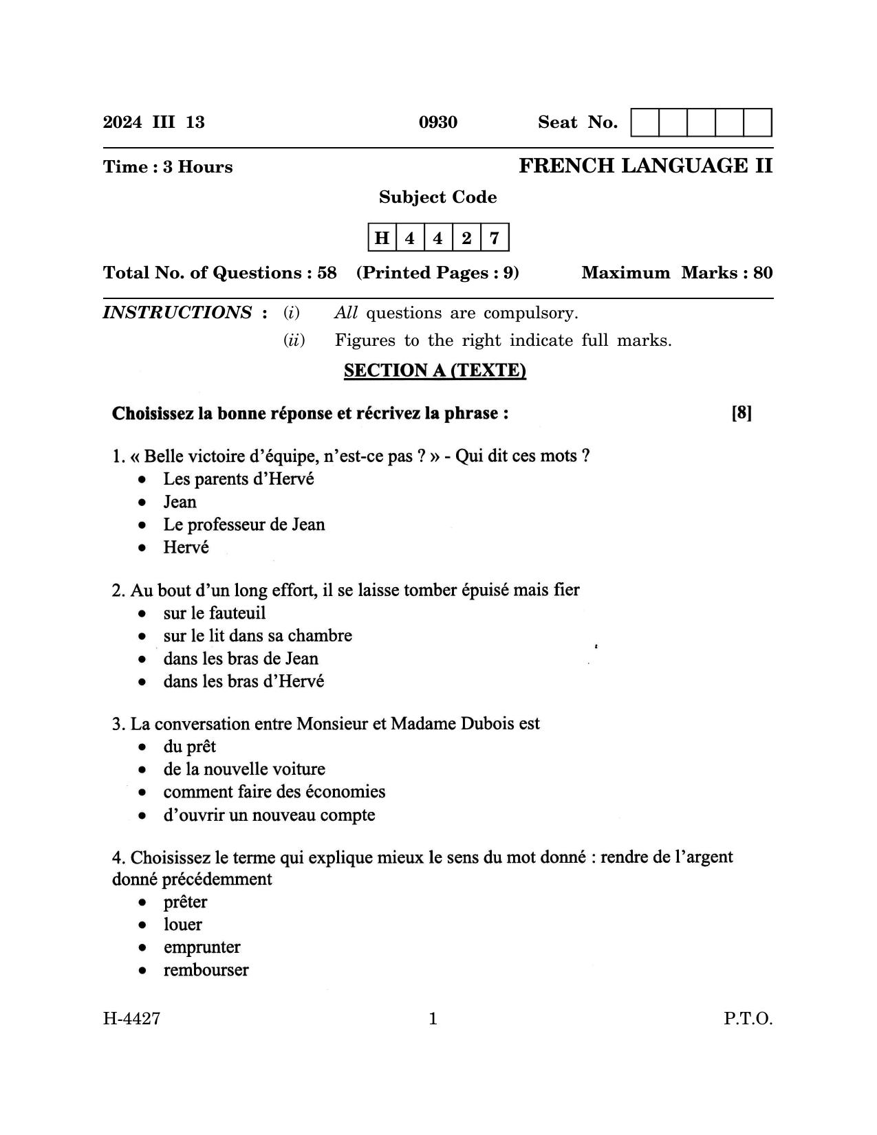 Goa Board Class 12 French (March 2024) Question Paper - Page 1