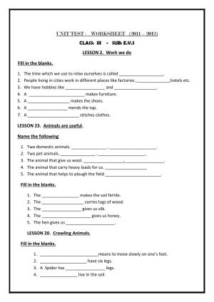 Worksheet for Class 3 EVS Assignment 76 Revision