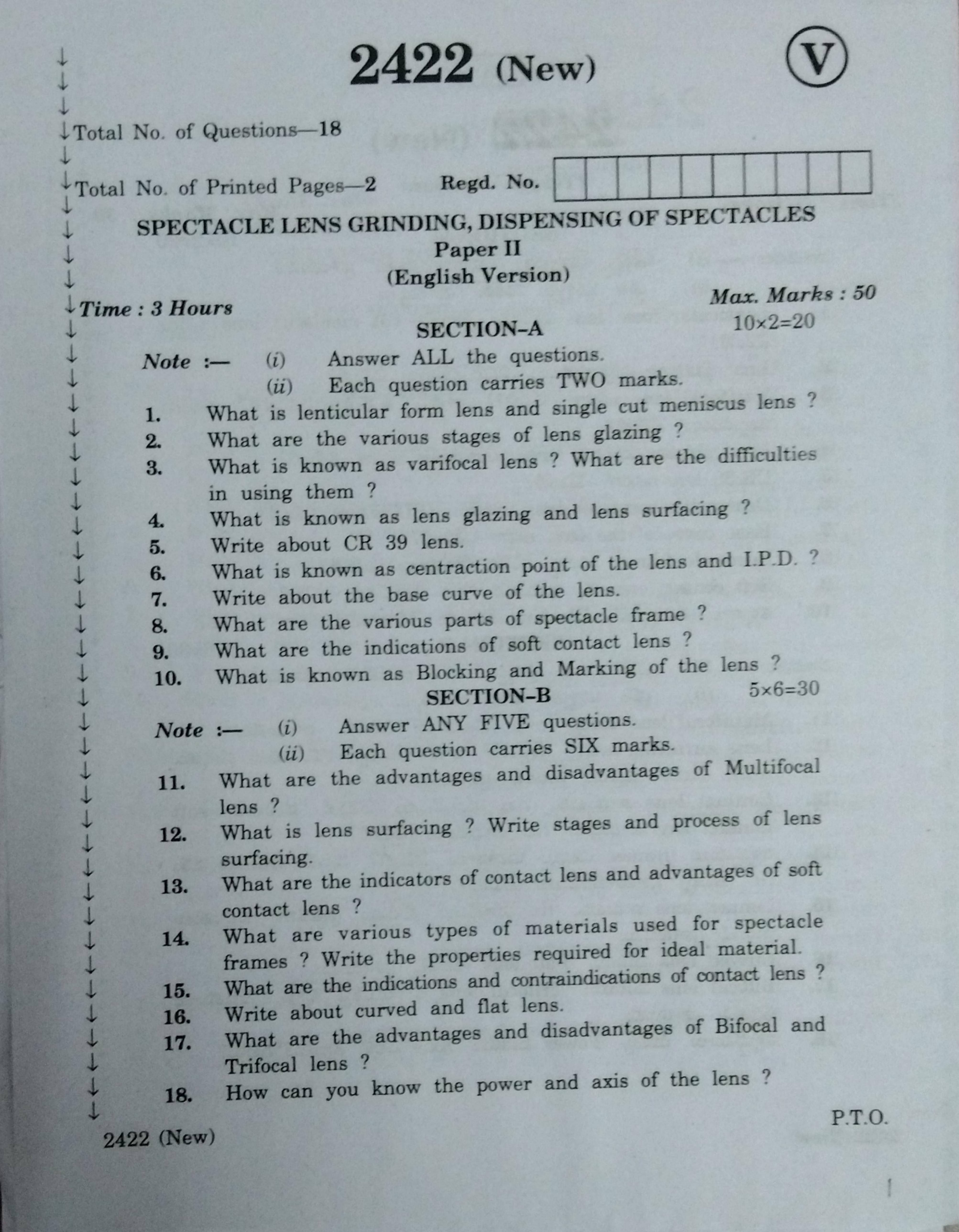 AP Inter 2nd Year Vocational Question Paper March - 2020 - Spectacle Lens Grinding Dispensing of Spectacles-II (new) - Page 1