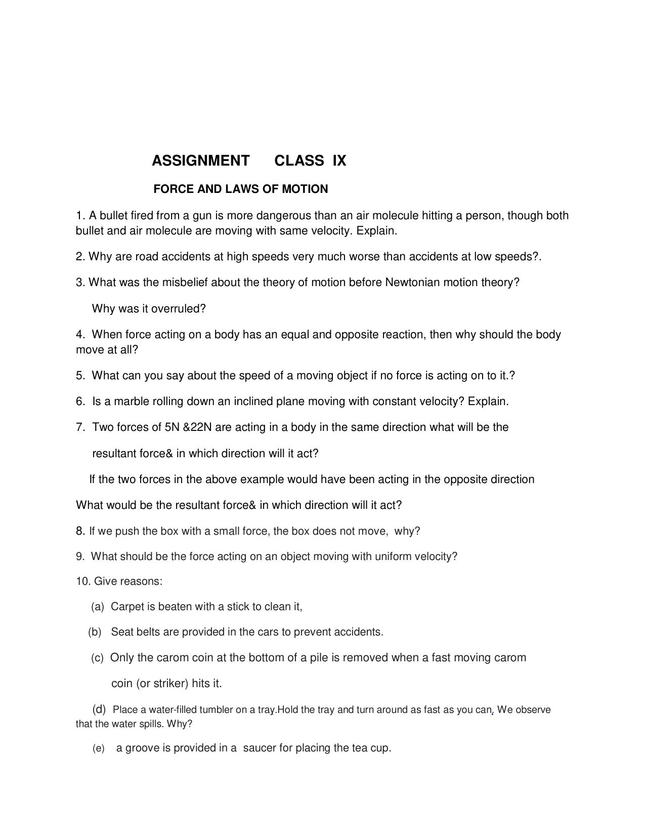 CBSE Worksheets for Class 9 Physics Force and Laws of Motion Assignment 2 - Page 1