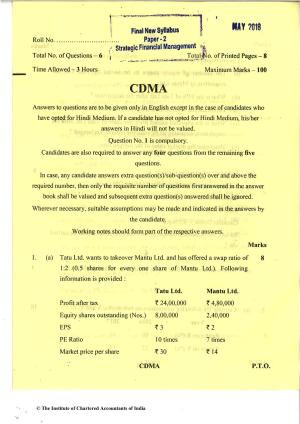 CA Final May 2018 Question Paper - Paper 2 – Strategic Financial Management