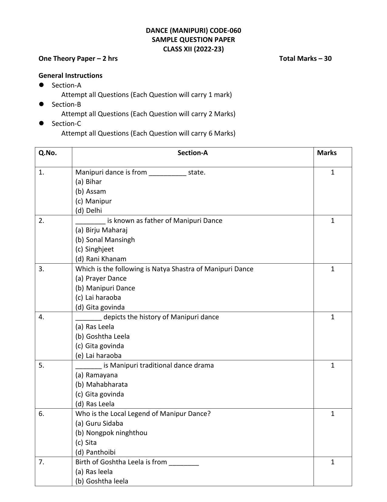 CBSE Class 12 Dance Manipuri Sample Paper 2023 - Page 1