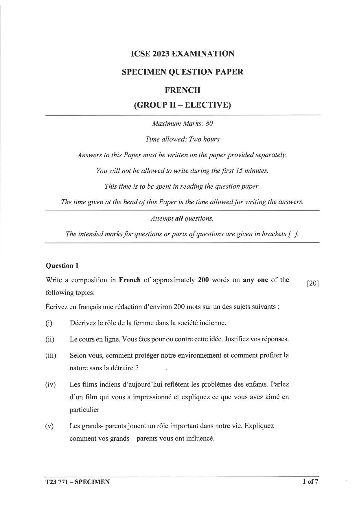 ICSE Class 10 French (Group 2) Sample Paper 2023 - Page 1