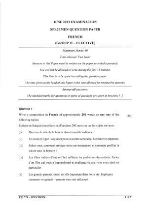 ICSE Class 10 French (Group 2) Sample Paper 2023