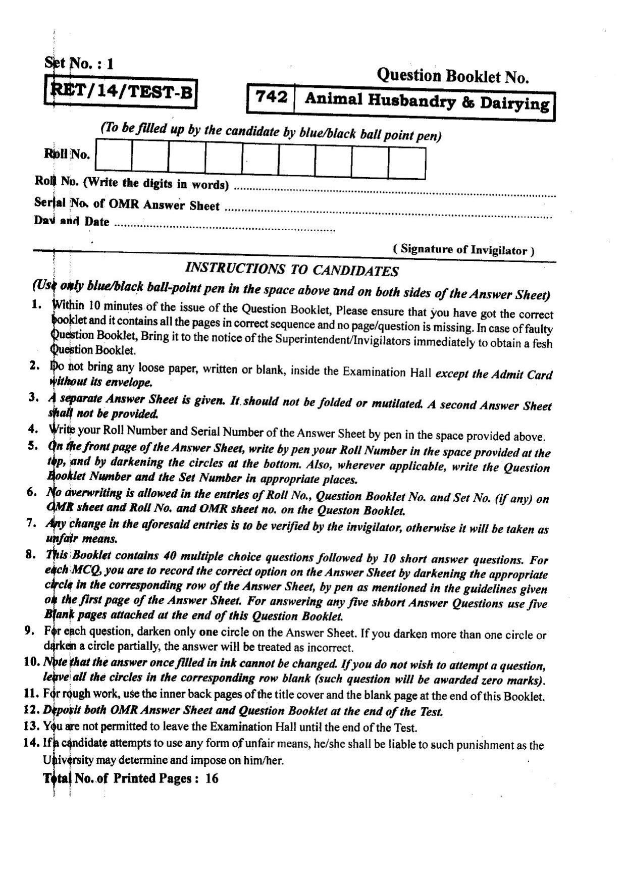 BHU RET Animal Husbandry & Dairying 2014 Question Paper - Page 1
