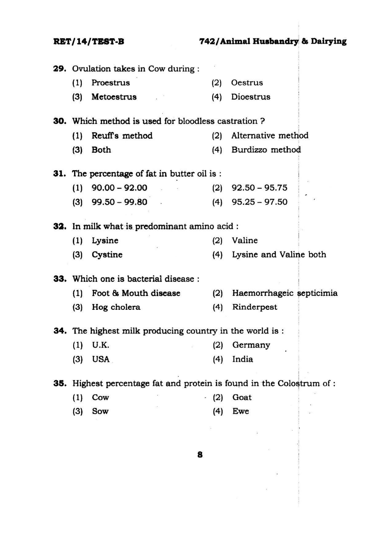 BHU RET Animal Husbandry & Dairying 2014 Question Paper - Page 8