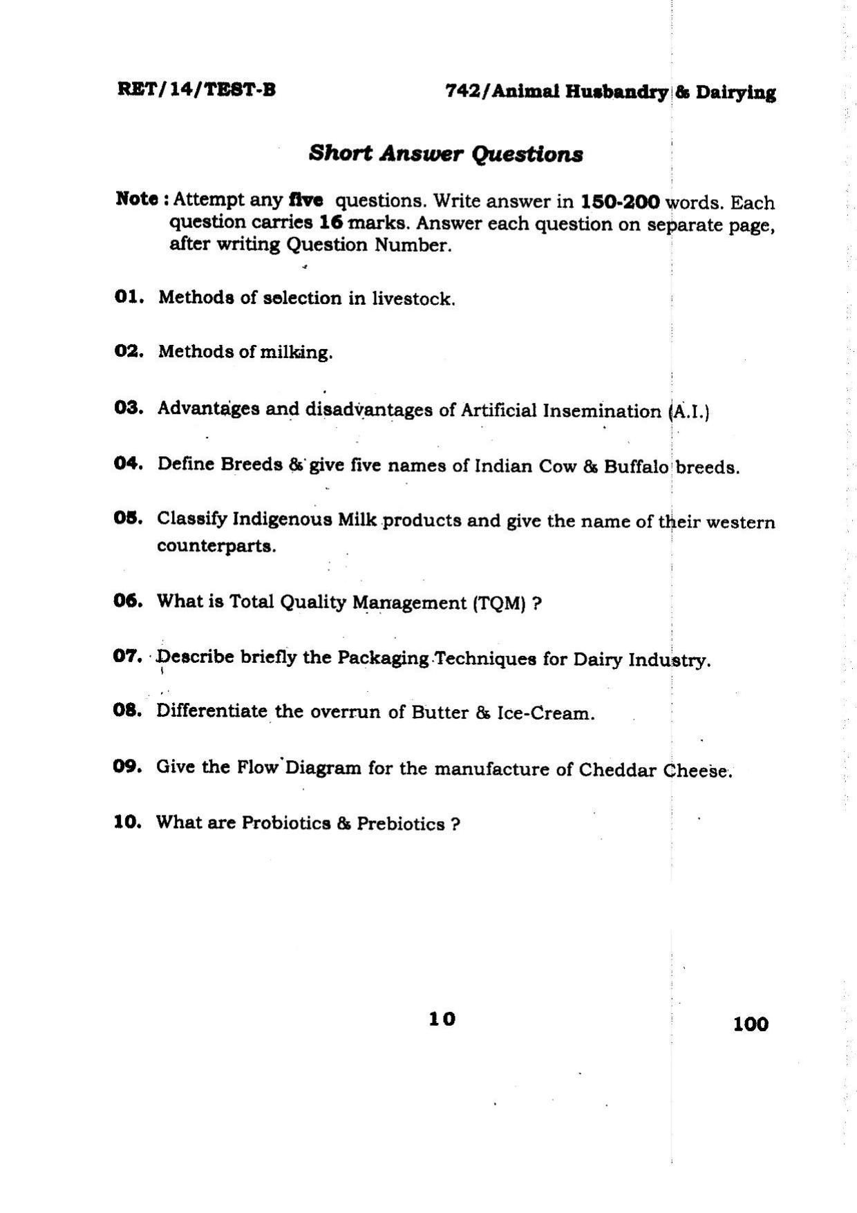 BHU RET Animal Husbandry & Dairying 2014 Question Paper - Page 10