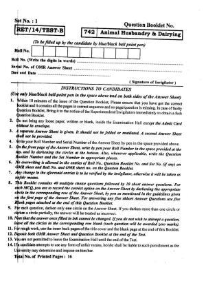BHU RET Animal Husbandry & Dairying 2014 Question Paper
