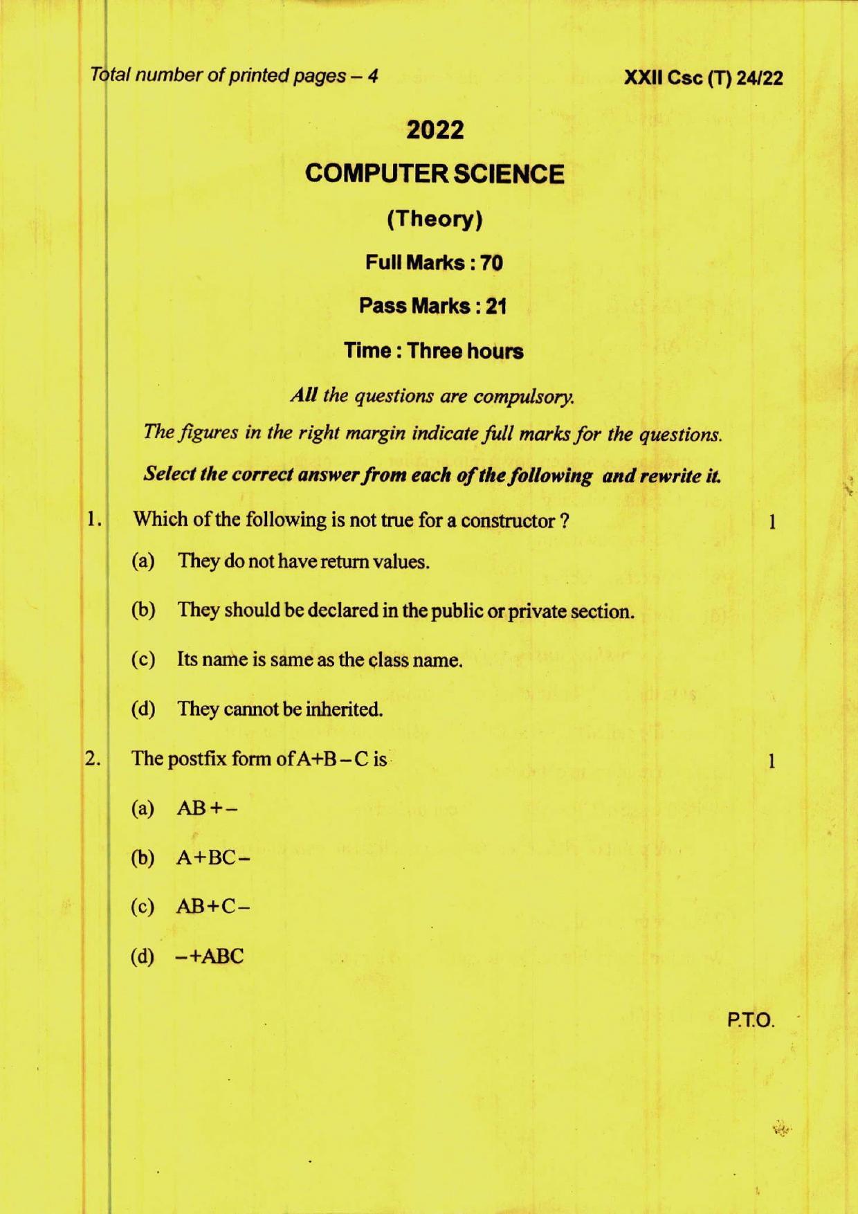 COHSEM 12th Question Papers 2022 Computer Science IndCareer Docs