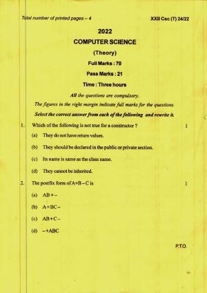 COHSEM 12th Question Papers 2022 Computer Science