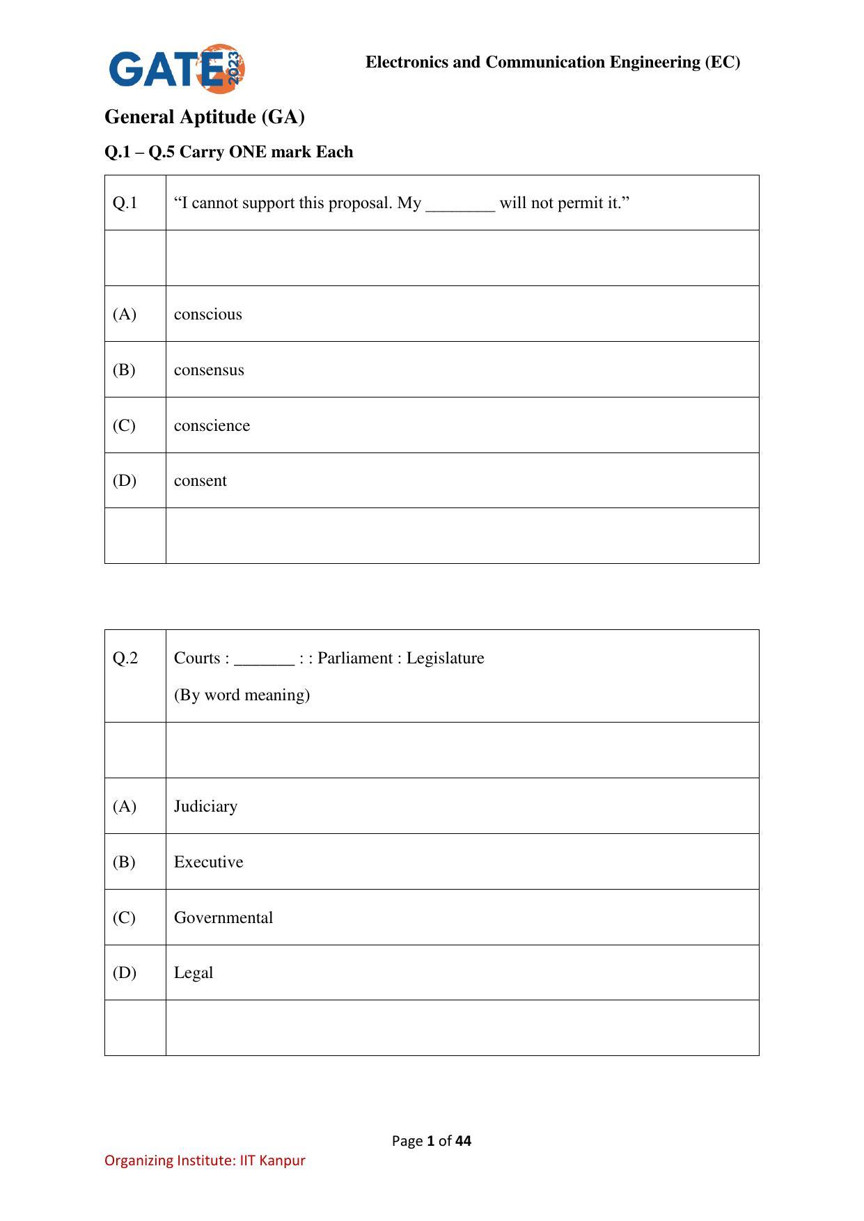 GATE 2023 Electronics and Communication Engineering (EC) Question Paper - Page 1