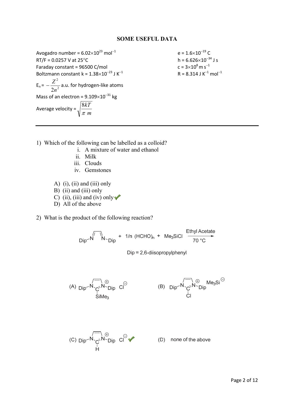 TIFR GS 2016 Chemistry X Question Paper - Page 2