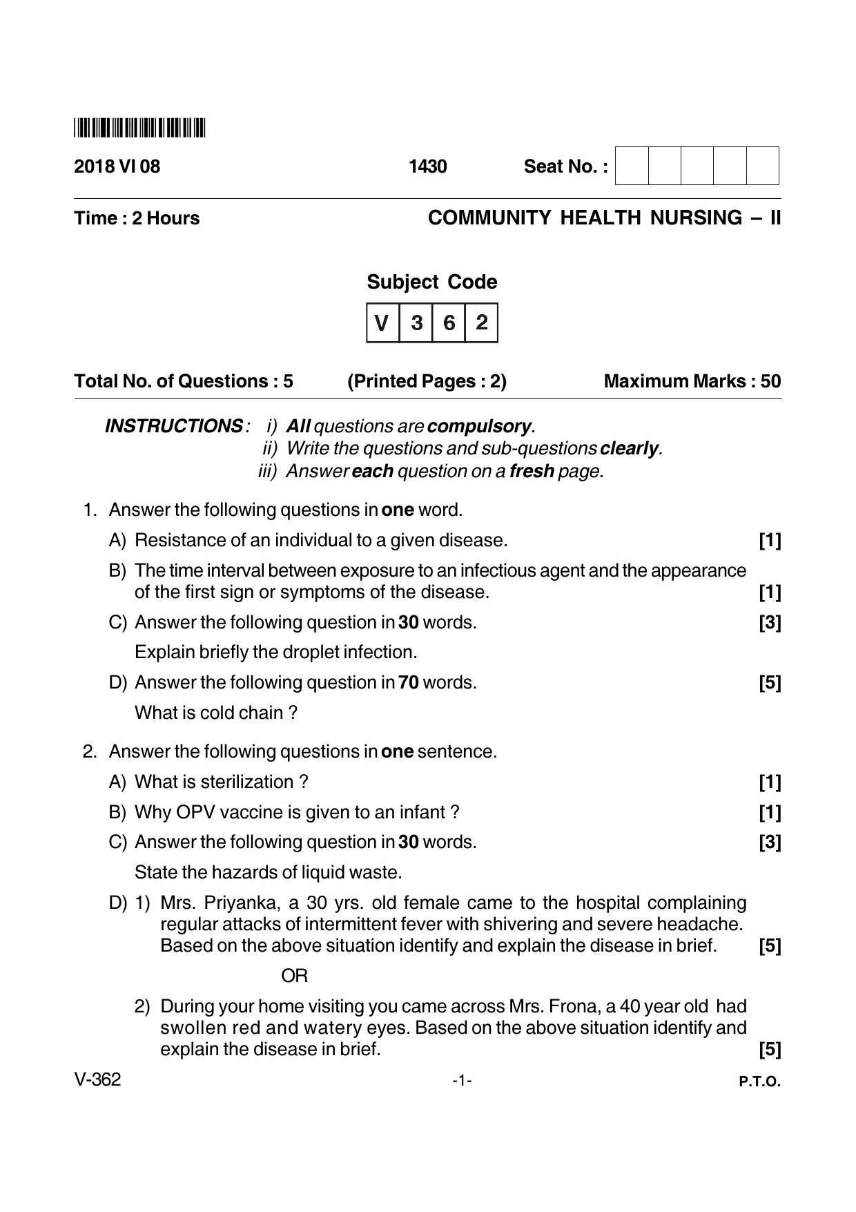 Goa Board Class 12 Community Health Nursing - II  Voc 362 (June 2018) Question Paper - Page 1